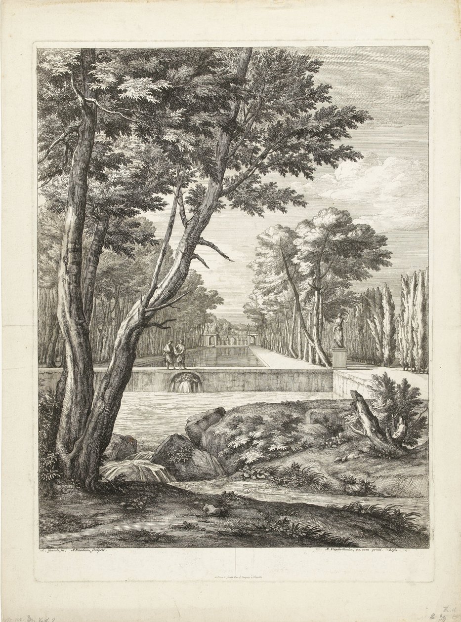 Paisaje con dos hombres junto a una fuente. de Adriaen Frans Boudewyns
