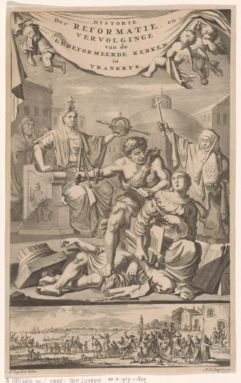 Iglesia reformada francesa atacada por un hombre con un azote
Portada de: E. Benoist, Historie der Gereformeerde Kerken van Vrankrijk, 1696 de Adriaen Haelwegh