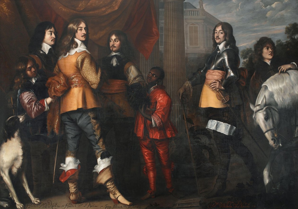 Retrato de grupo de Willem Frederik van Nassau-Dietz (1613-1664), Hendrik Casimir I van Nassau-Dietz (1612-1640), Hendrik van Nassau-Siegen (1611-1652) y George Frederik van Nassau-Siegen (1606-1674), con sirvientes. de Adriaen Hanneman