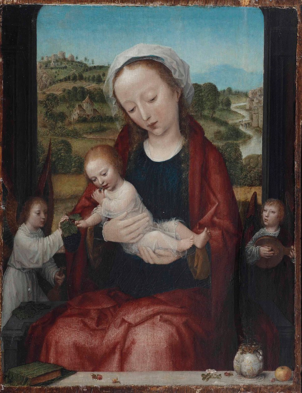 La Virgen y el Niño entronizados, asistidos por ángeles, ante una ventana abierta. de Adriaen Isenbrandt