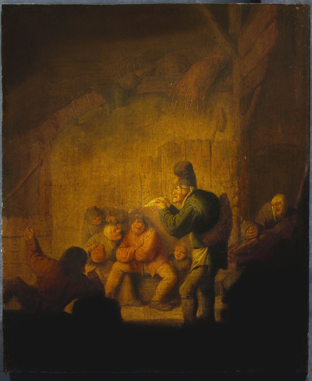 Interior de un granero con un bufón divirtiendo a sus compañeros, c.1632 de Adriaen Jansz. van Ostade