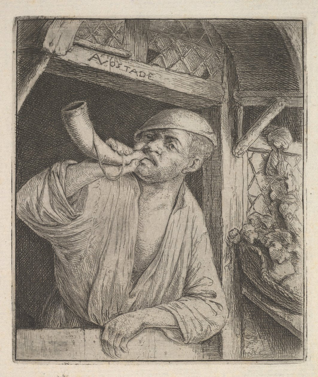 Panadero soplando el cuerno de Adriaen Jansz. van Ostade