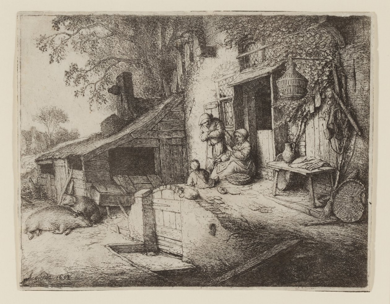 Junto a la puerta de la cabaña - La hilandera de Adriaen Jansz. van Ostade