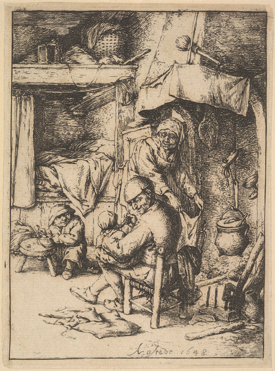 Padre de familia dando caldo a su bebé de Adriaen Jansz. van Ostade