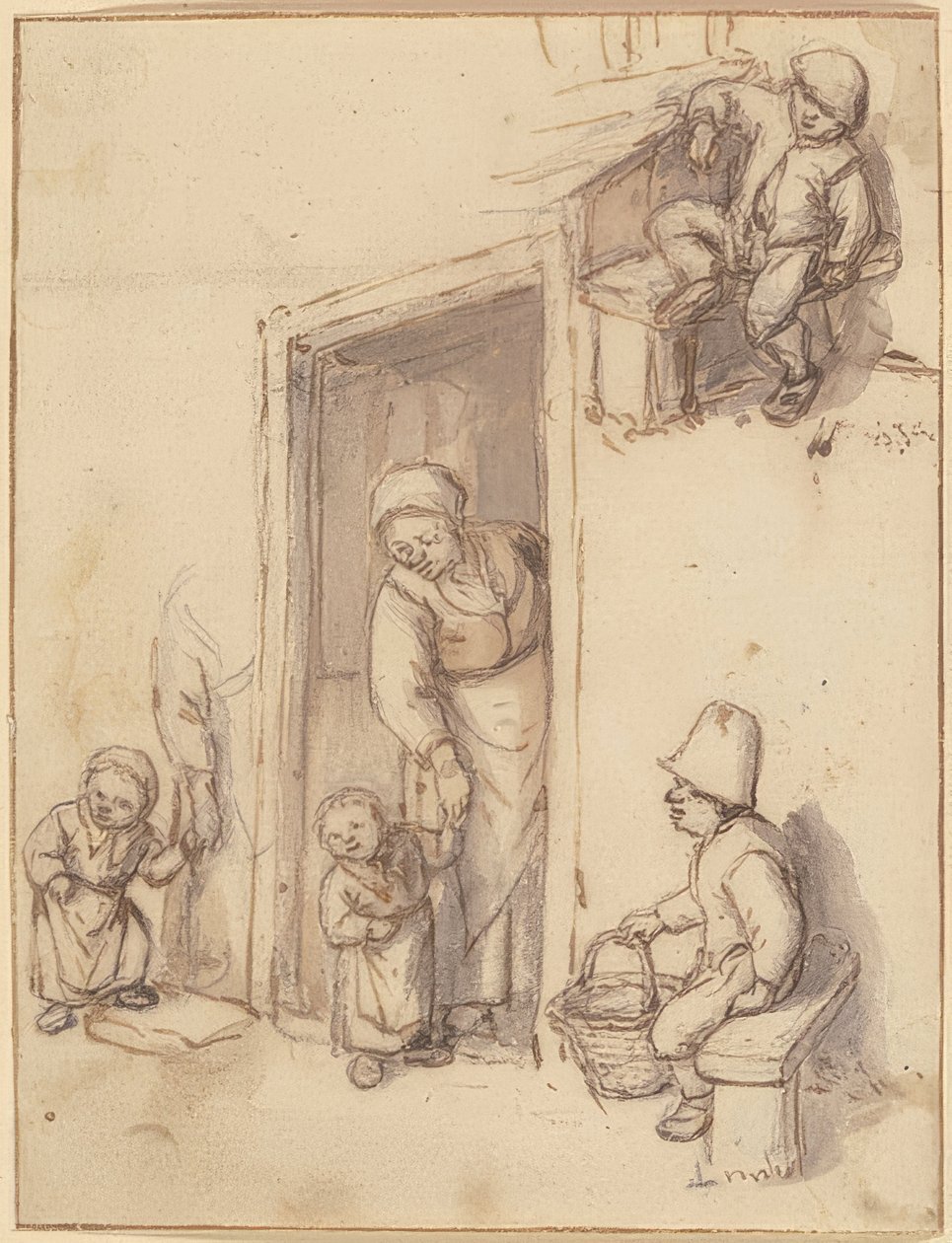 Hoja de estudio con una madre y su hija en la puerta, dos niños sentados de Adriaen Jansz. van Ostade