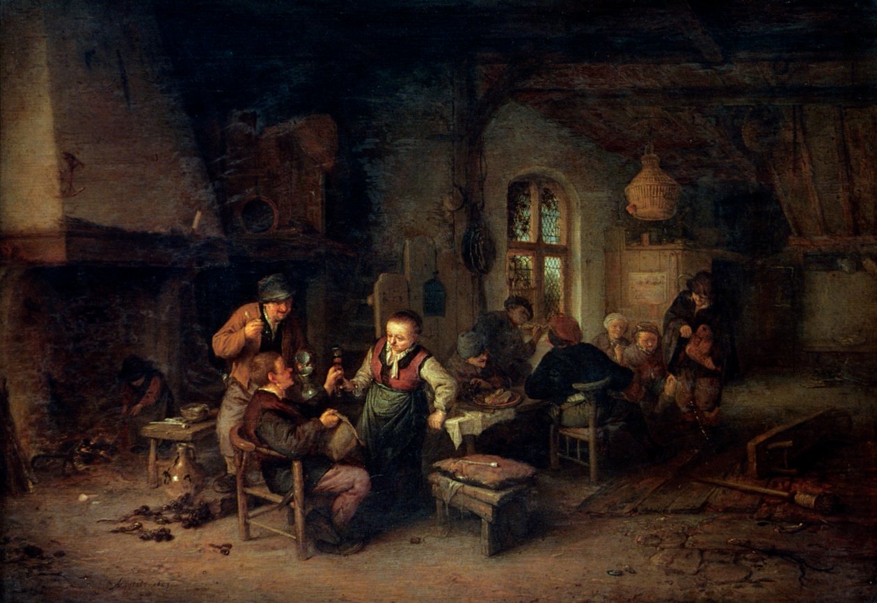 El interior de una posada con nueve campesinos y un tocador de zanfoña de Adriaen Jansz. van Ostade