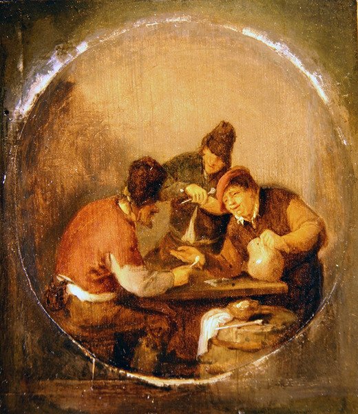 Tres campesinos bebiendo y fumando en una taberna de Adriaen Jansz. van Ostade