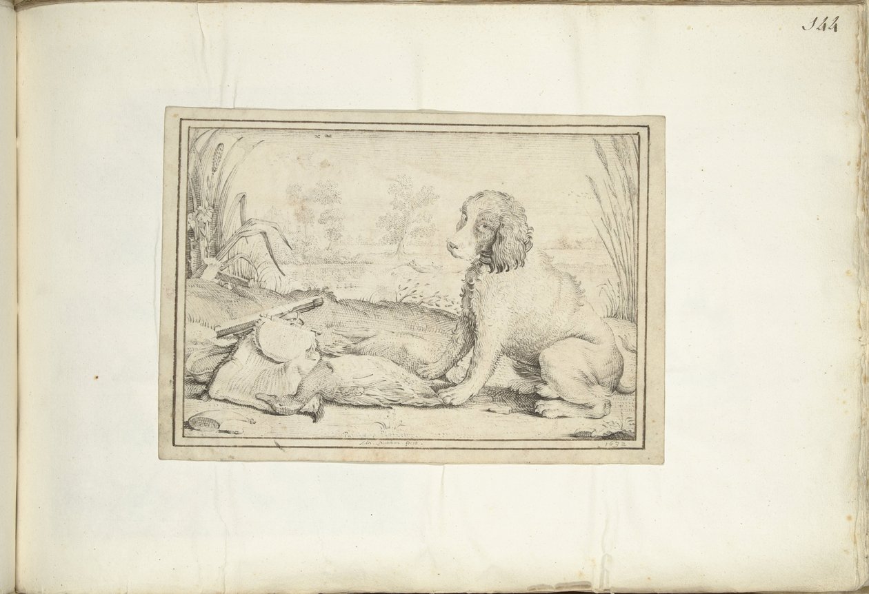 Perro junto al equipo de caza y botín en el paisaje. de Adriaen Matham (signed by artist)