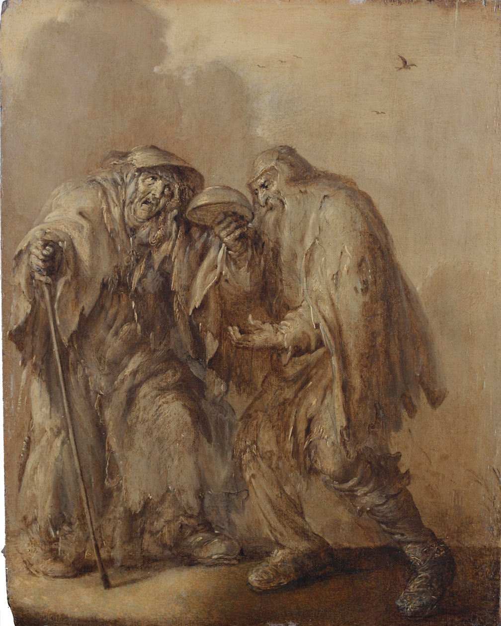 Pareja de ancianos mendigos con un cuenco vacío volcado; en brunaille (óleo sobre tabla) de Adriaen Pietersz. van de Venne
