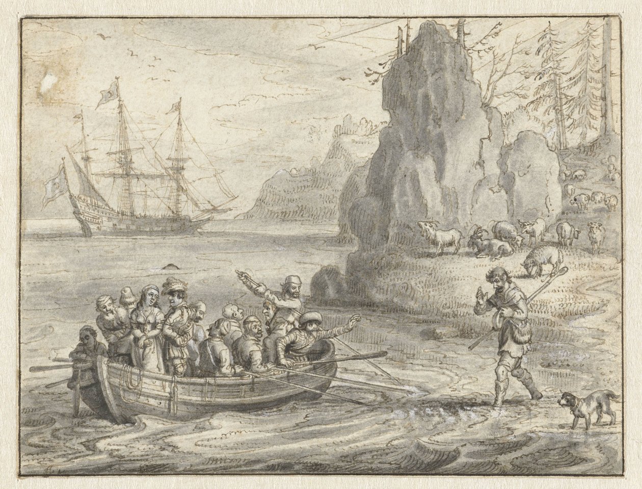 Celadón suplica a los piratas que le lleven junto a su esposa secuestrada, Galatea de Adriaen Pietersz van de Venne