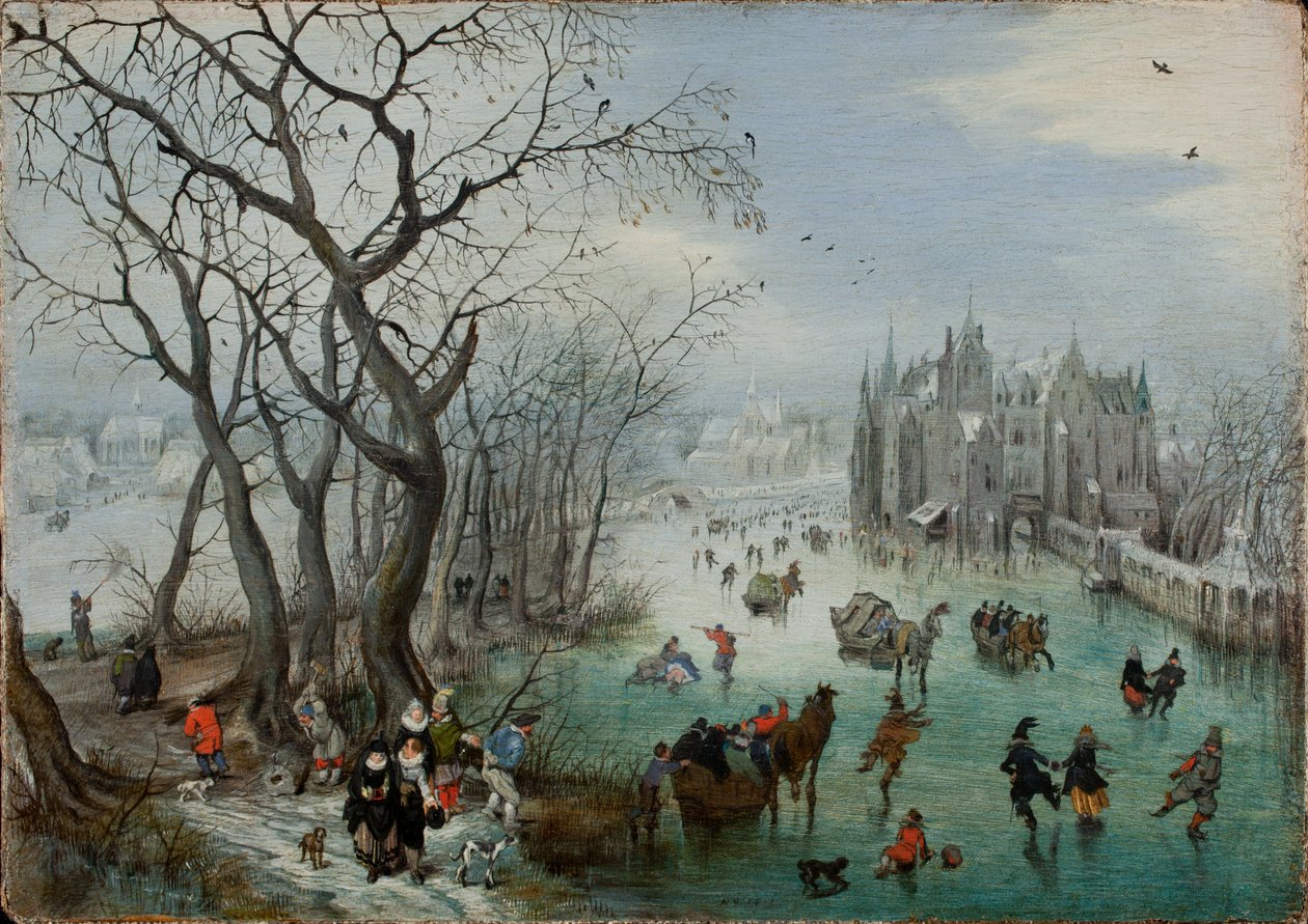 Paisaje invernal con patinadores cerca de un castillo, 1615 de Adriaen Pietersz van de Venne