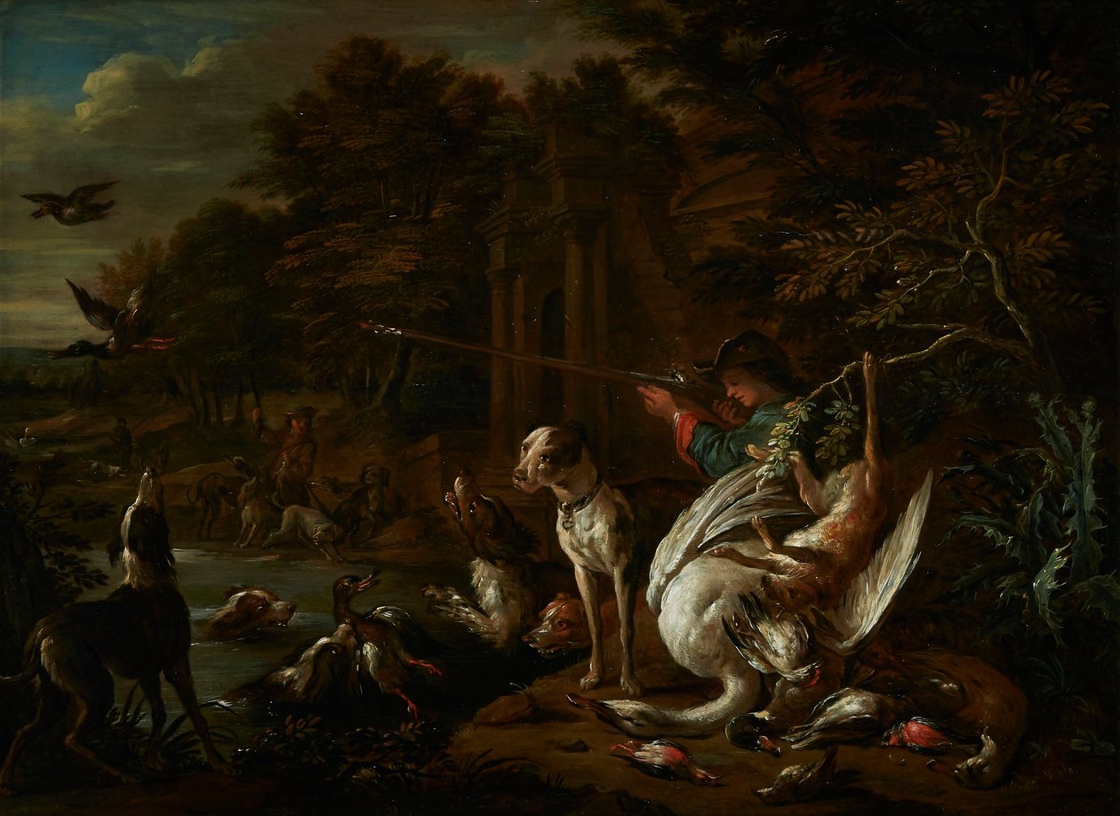 Cazador con un cisne muerto al borde del agua de Adriaen de Gryef