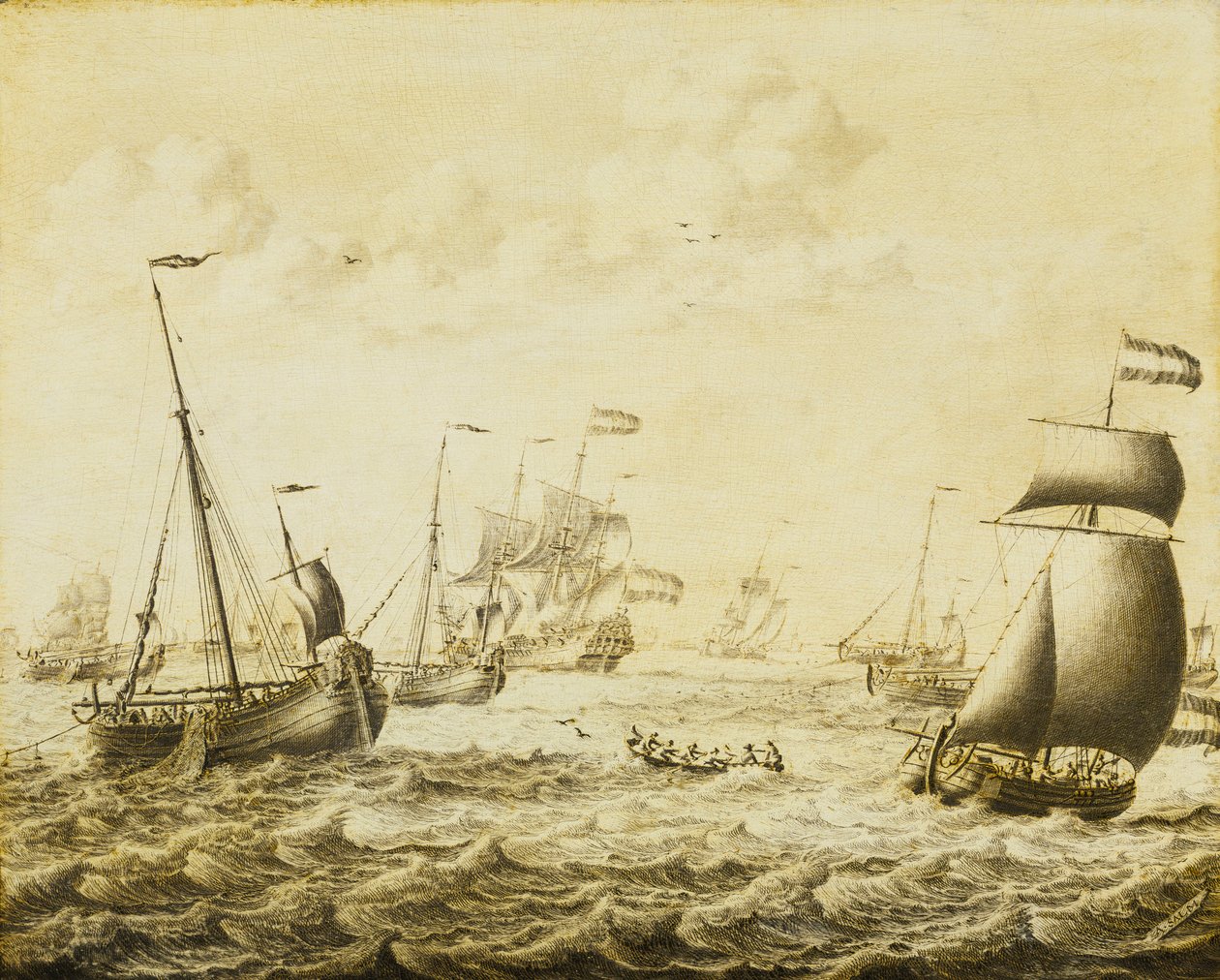 Pesquería holandesa de arenques, finales del siglo XVII (grisalla sobre tabla) de Adriaen or Abraham Salm