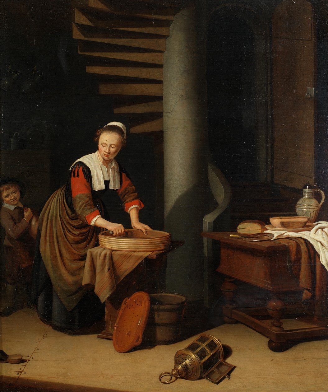 Una ayudante de cocina planchando de Adriaen van Gaesbeeck