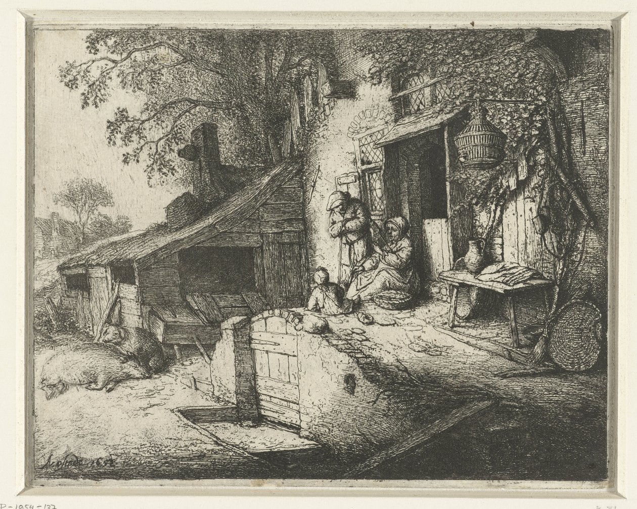 Mujer girando frente a una casa La mujer que gira en la puerta de Adriaen van Ostade (signed by artist)