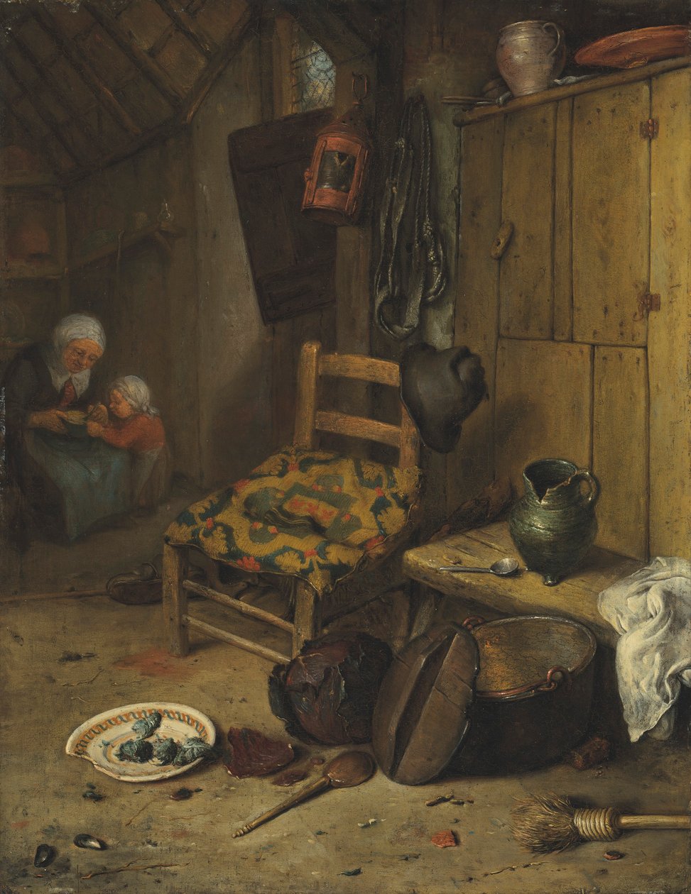 Interior de una cocina con una madre y su hijo
el escudo de armas de la familia Van Doerne en el cojín tejido de Adriaen van Ostade