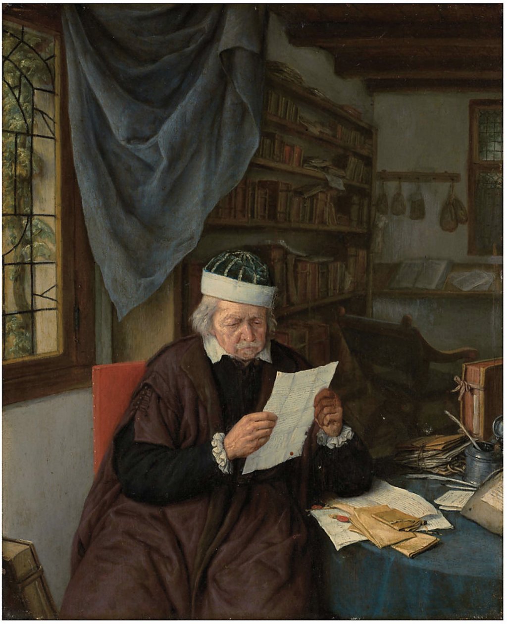 Un abogado sentado a una mesa leyendo una carta de Adriaen van Ostade
