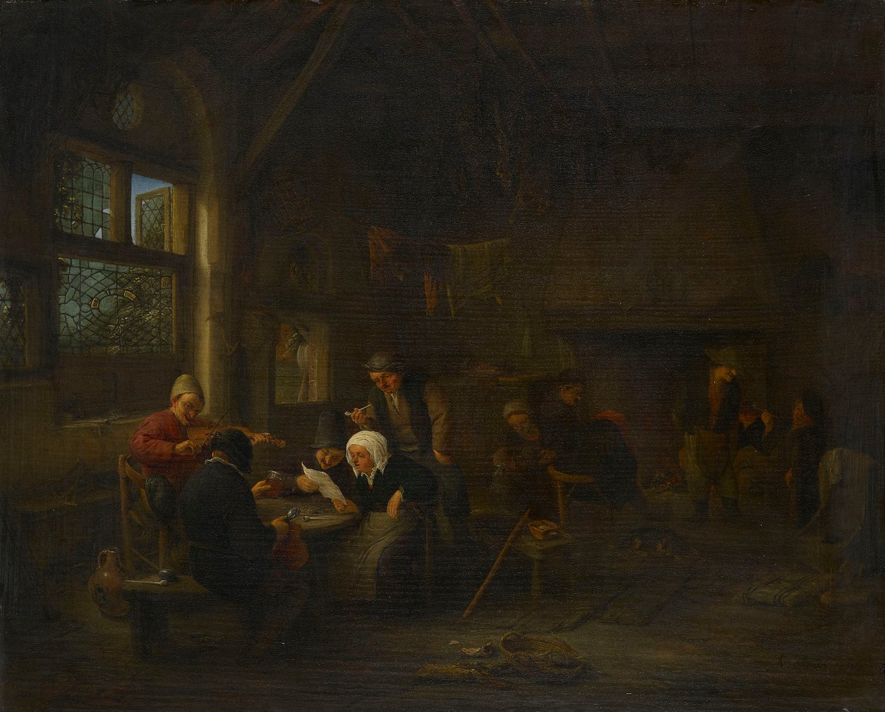 Una escena nocturna en una taberna, con un violinista de Adriaen van Ostade