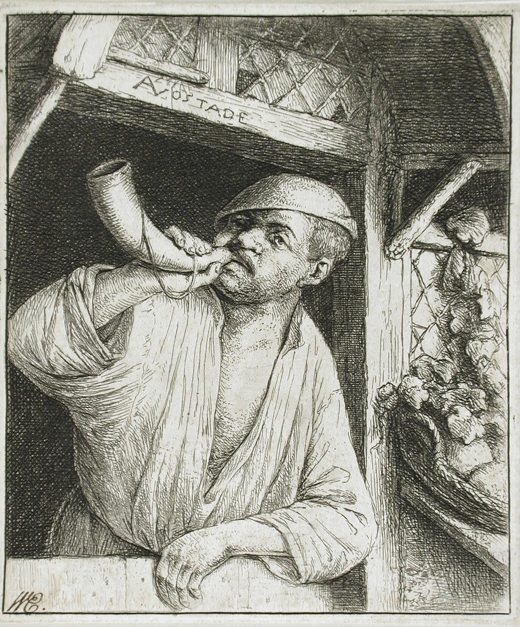 Panadero tocando su cuerno de Adriaen van Ostade