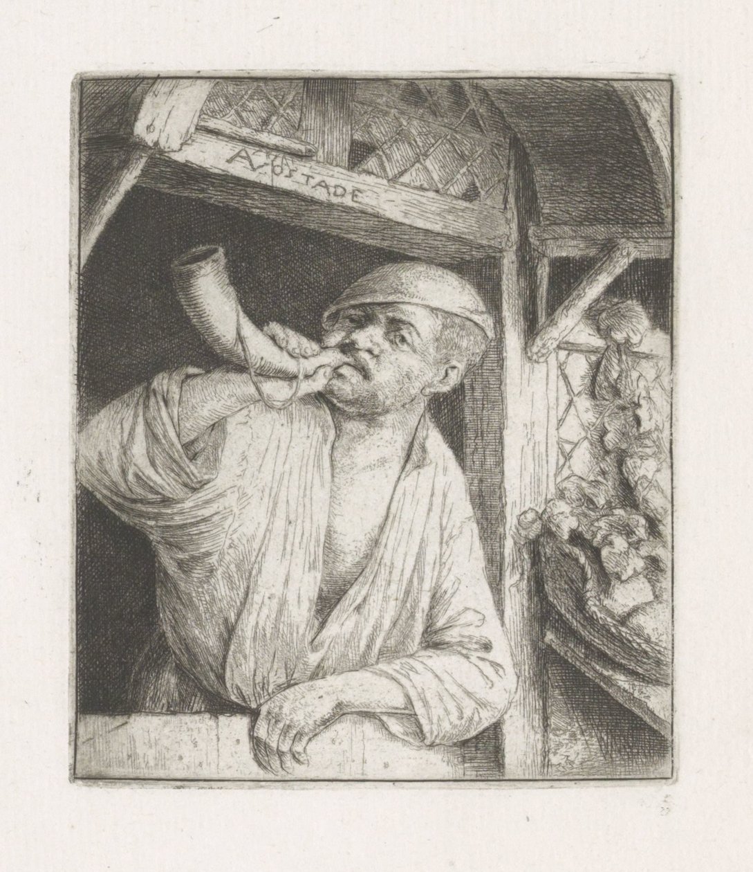 Bakker toca un cuerno en una puerta de Adriaen van Ostade