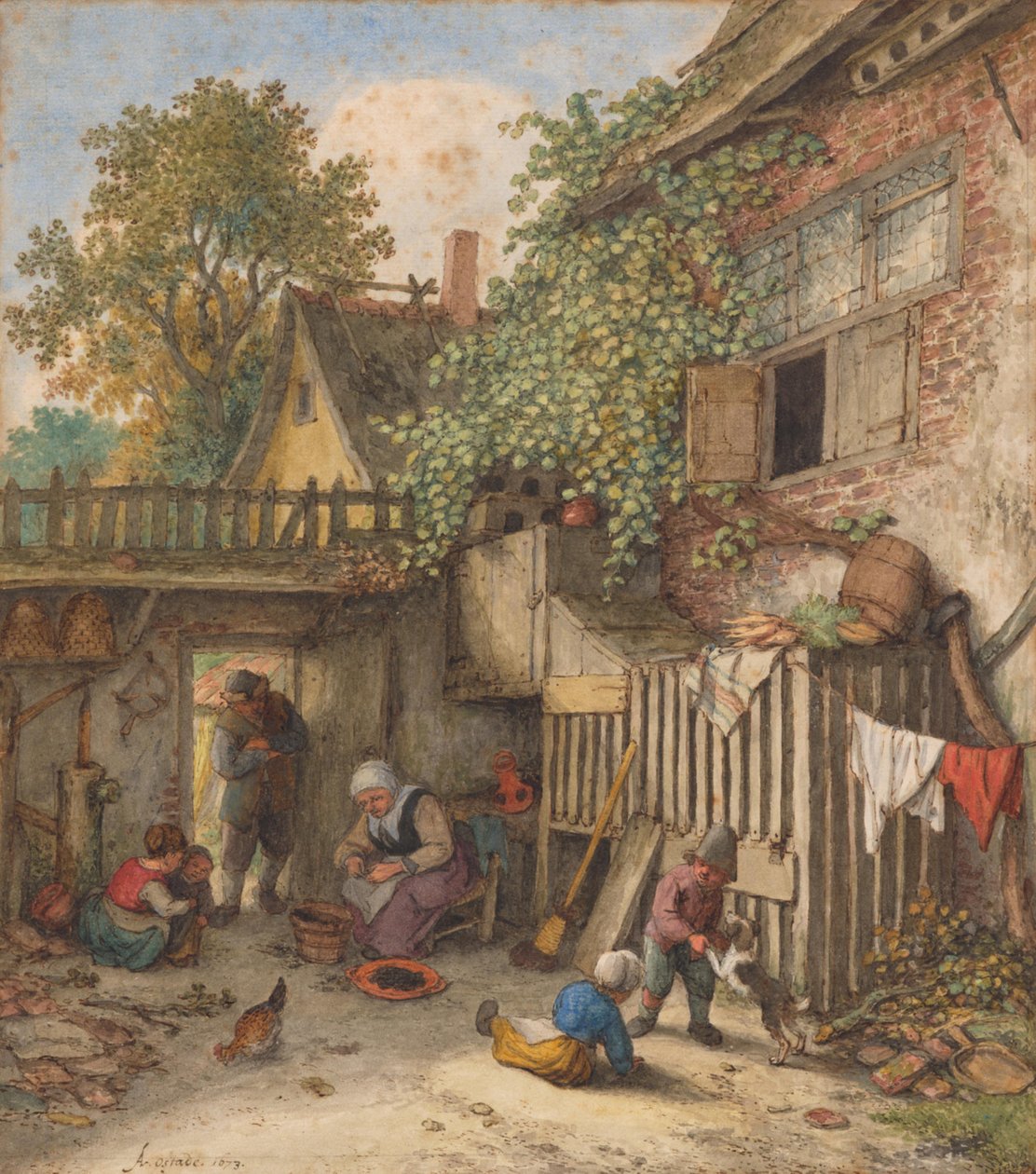 Patio interior con una mujer limpiando mejillones de Adriaen van Ostade