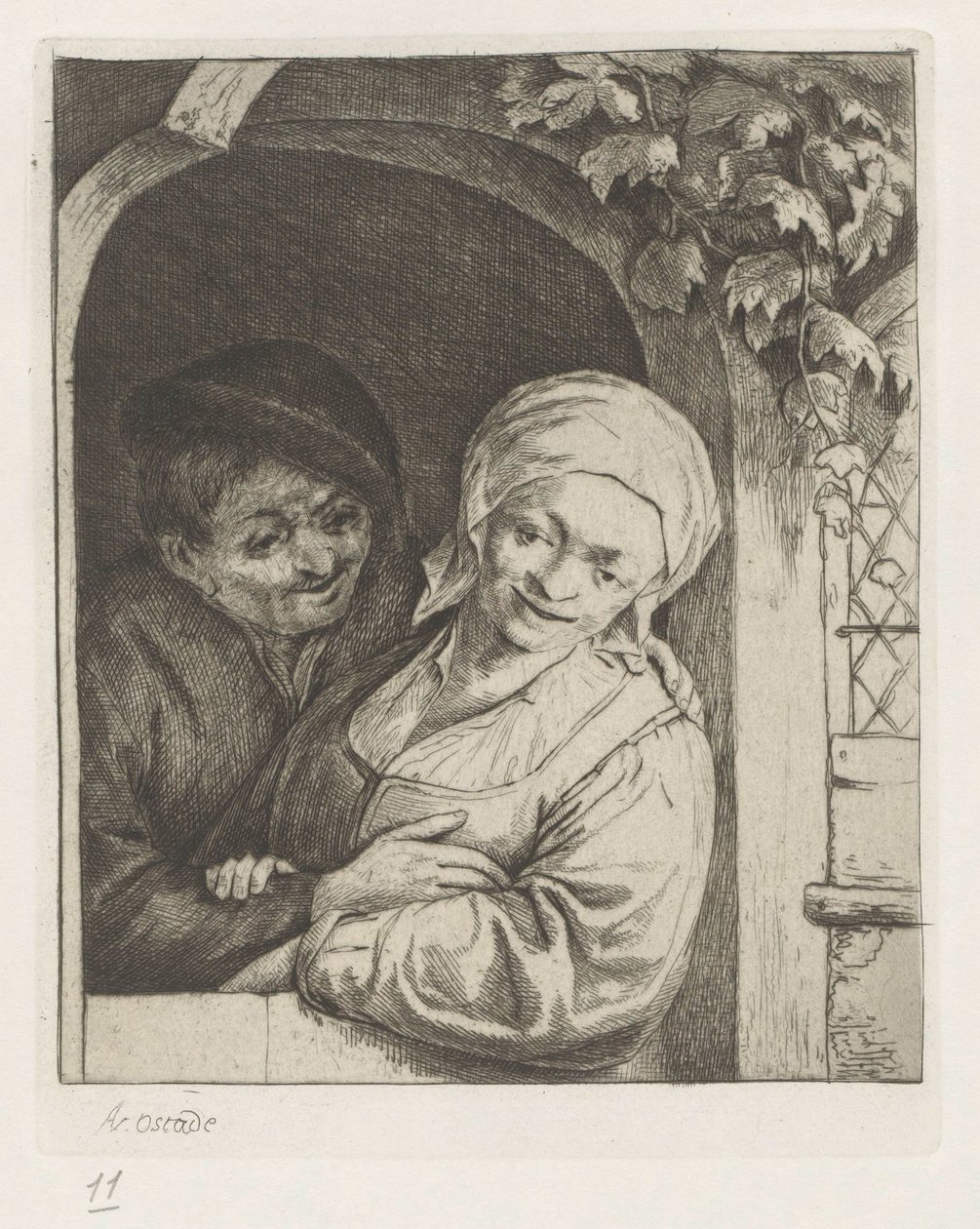 Granjero y esposa de granjero como pareja amorosa en la puerta de Adriaen van Ostade