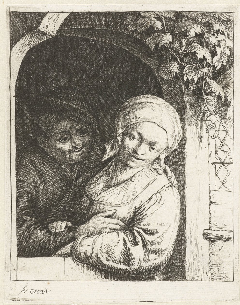 Agricultor y esposa del agricultor como pareja de amor en una puerta La pareja de enamorados campesinos cortejo campesino de Adriaen van Ostade