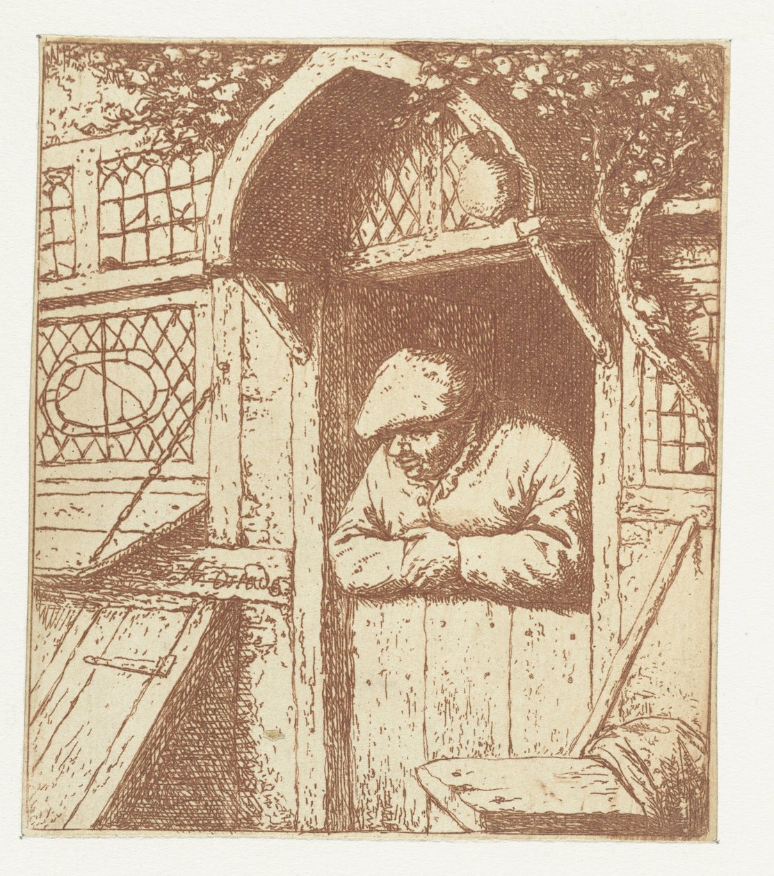 Granjero apoyado en la puerta inferior El granjero en la puerta de casa de Adriaen van Ostade