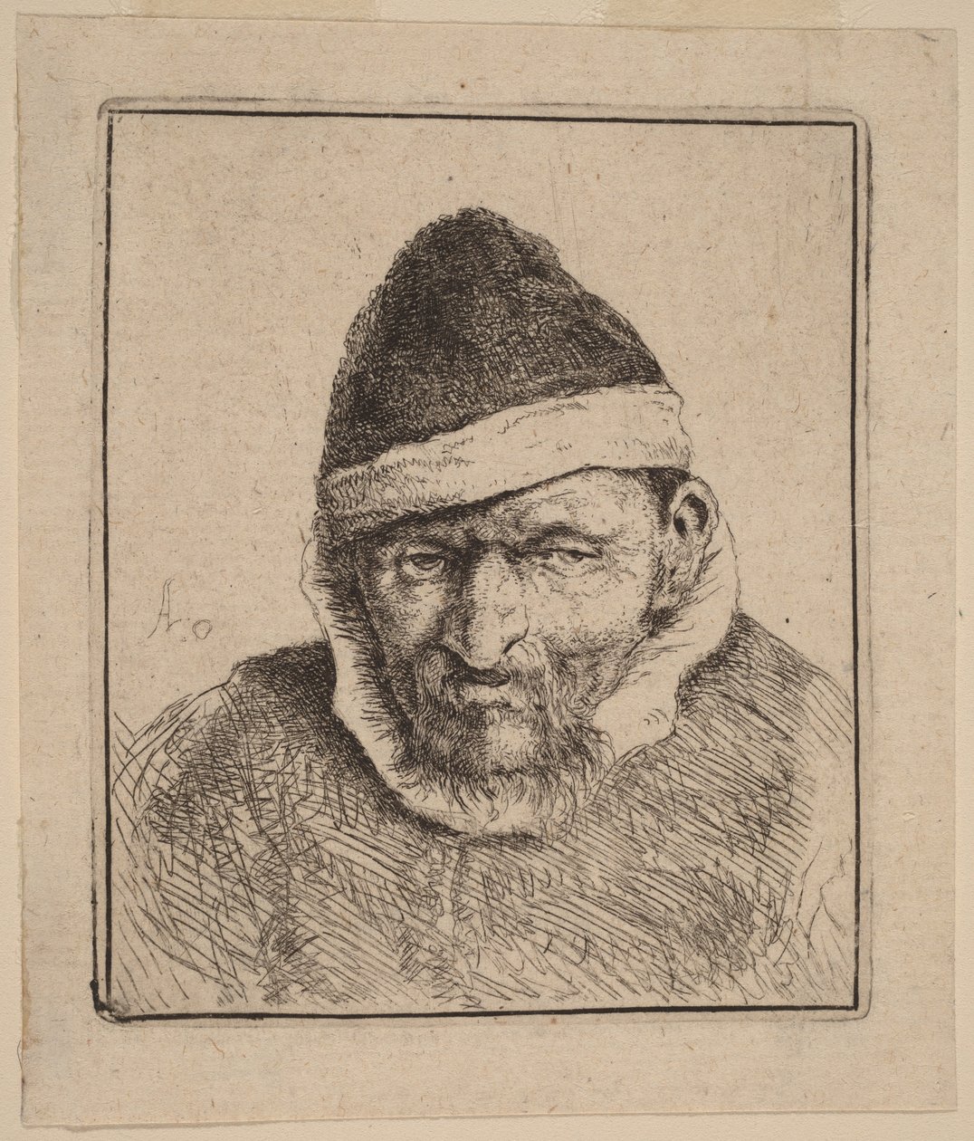 Busto de un campesino con un gorro de piel puntiagudo de Adriaen van Ostade