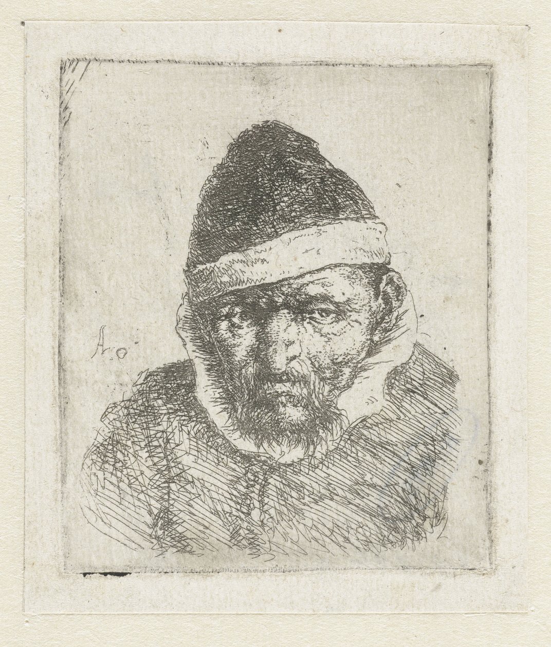 Busto de granjero anciano con sombrero puntiagudo de Adriaen van Ostade