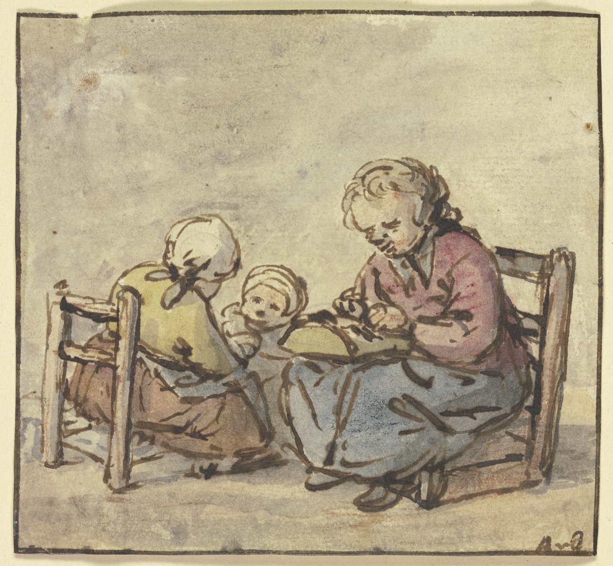 Tres muchachas, la mayor haciendo encaje de bolillos de Adriaen van Ostade