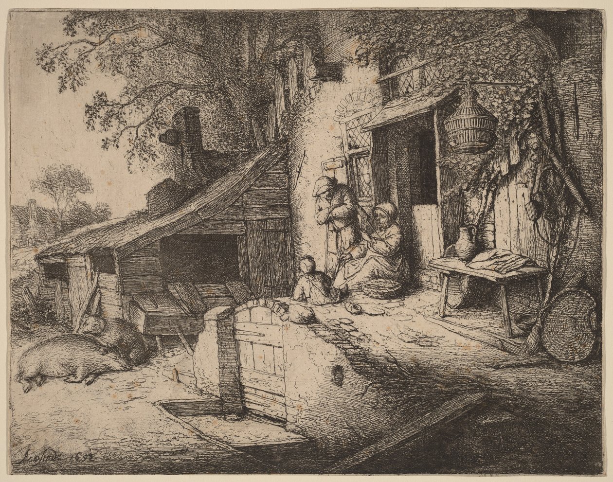 Granja con una familia campesina ante la puerta principal, la mujer hila de Adriaen van Ostade