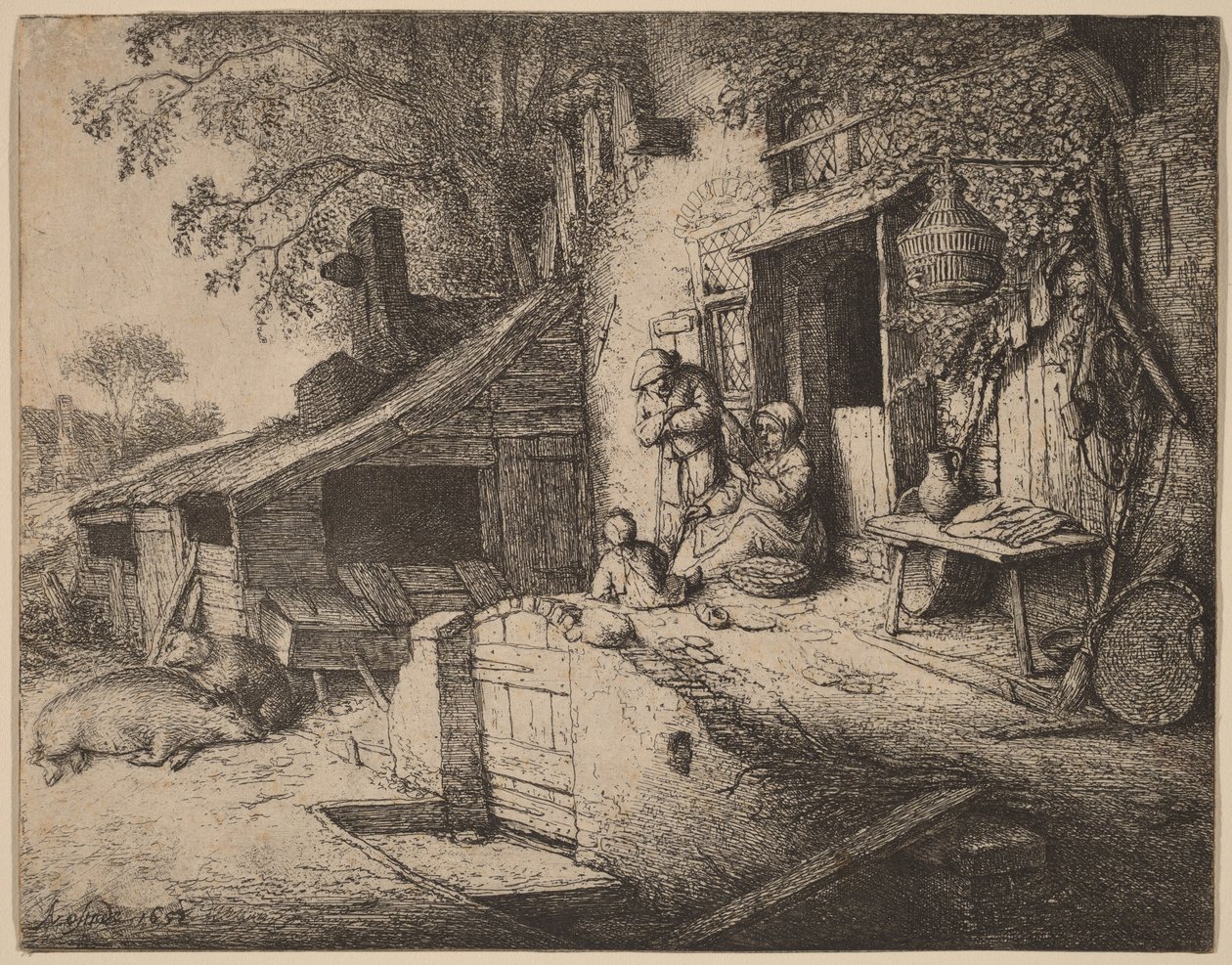 Granja con una familia campesina ante la puerta principal, la mujer hila de Adriaen van Ostade