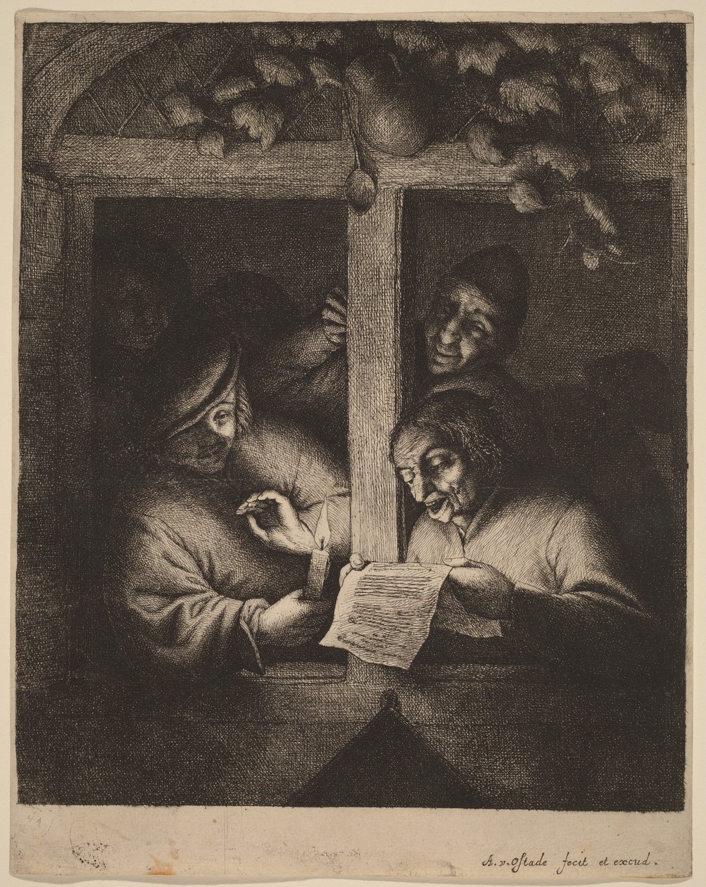 Cuatro hombres junto a una ventana; uno de ellos lee un papel a la luz de una vela de Adriaen van Ostade
