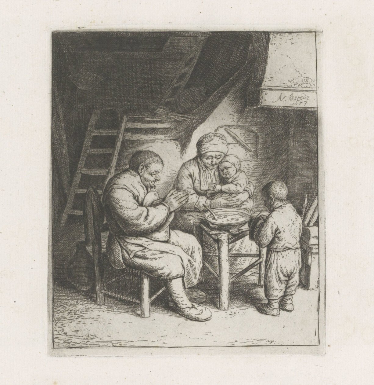 La familia reza antes de la comida. de Adriaen van Ostade