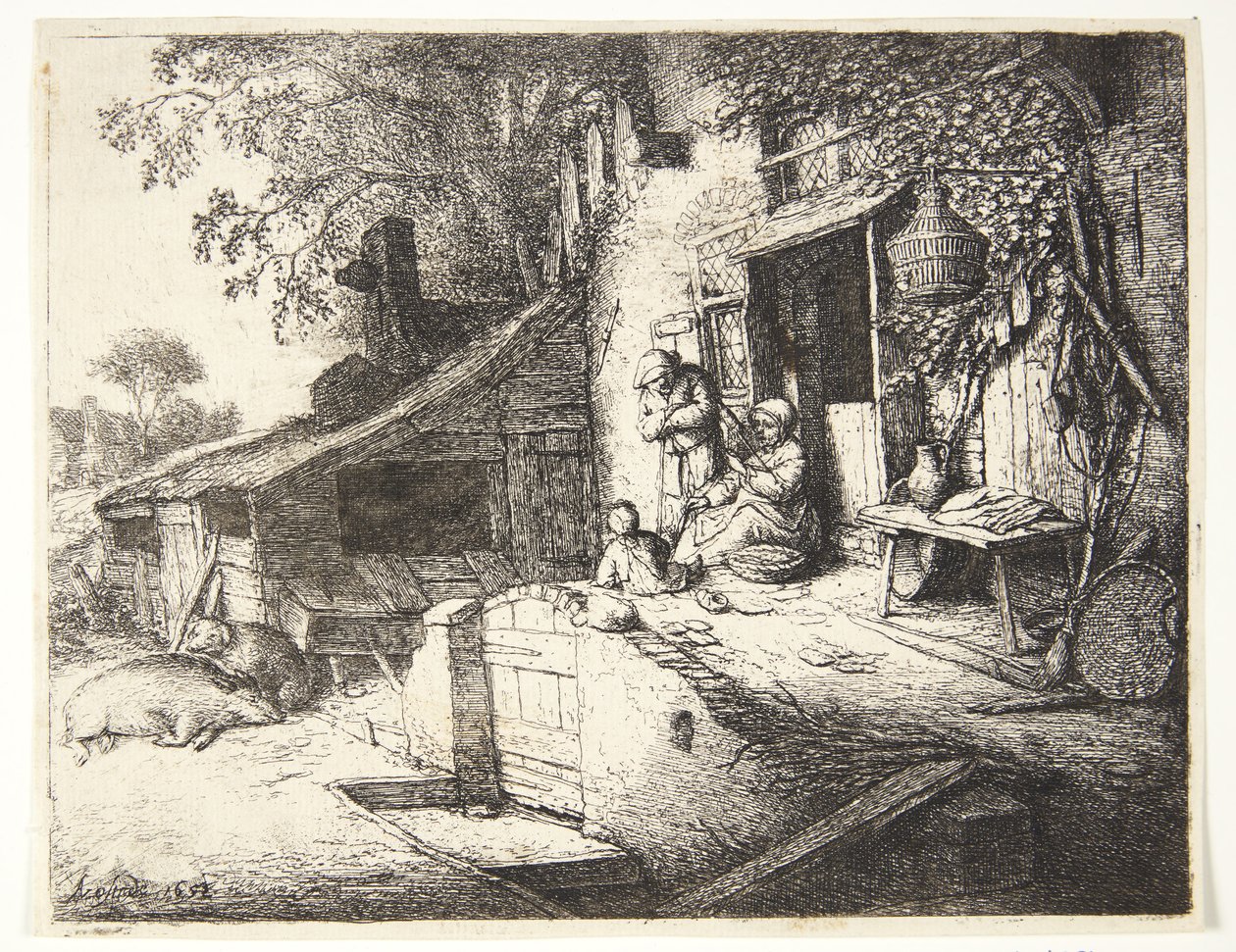 Mujer girando delante de una granja de Adriaen van Ostade