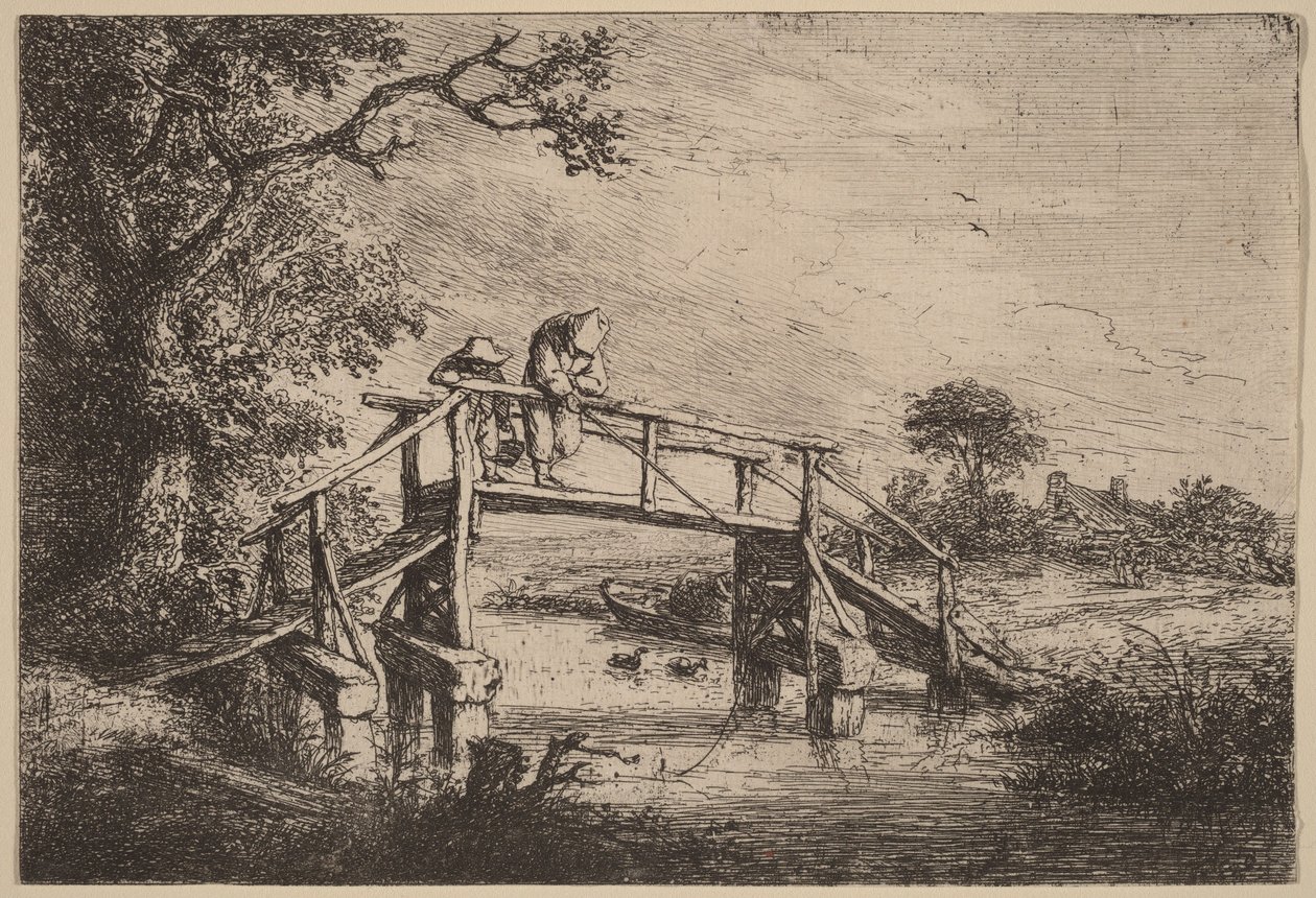 Paisaje con un puente y dos pescadores de Adriaen van Ostade