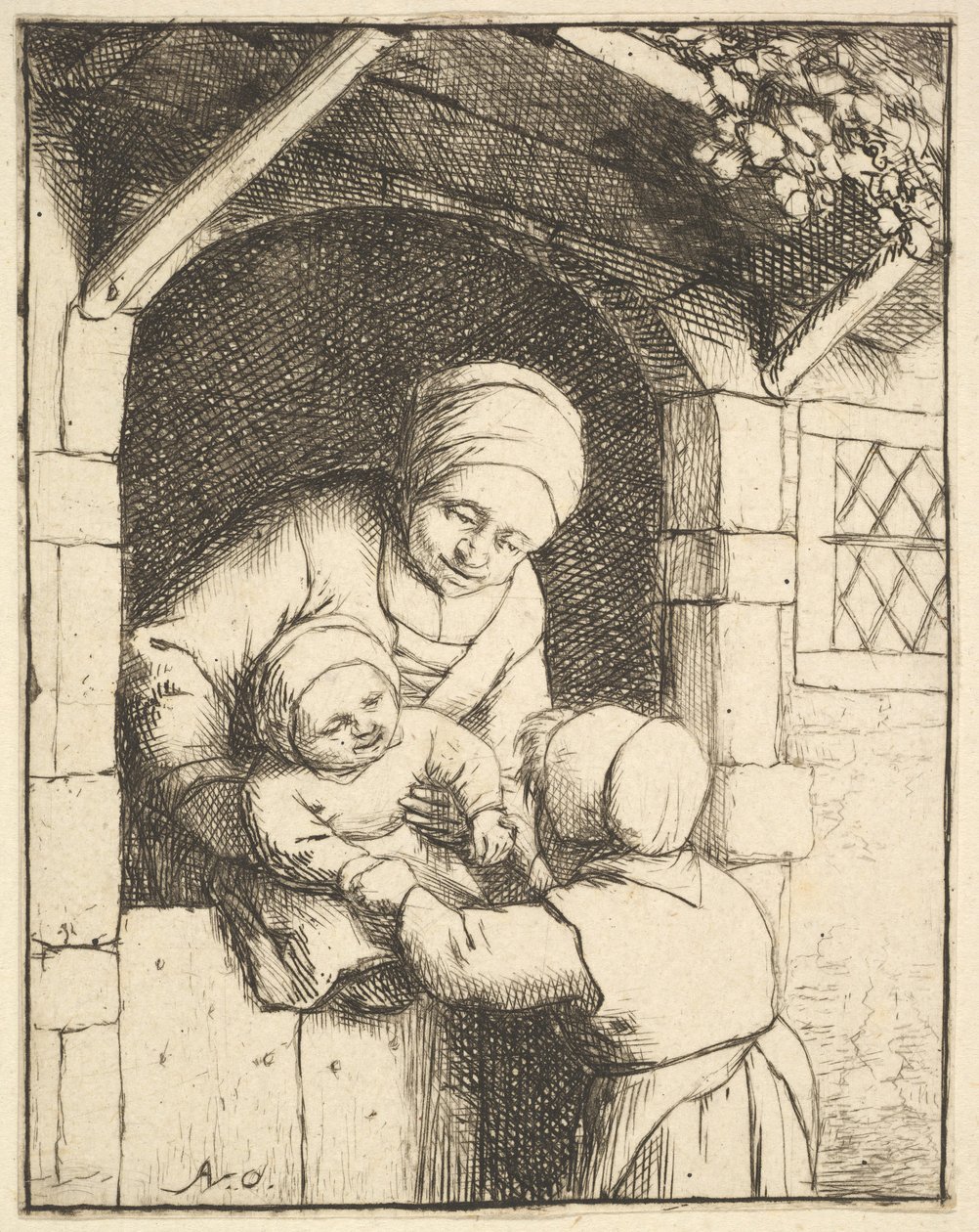 Niña pequeña jugando con un bebé en los brazos de su madre, 1610-85 de Adriaen van Ostade