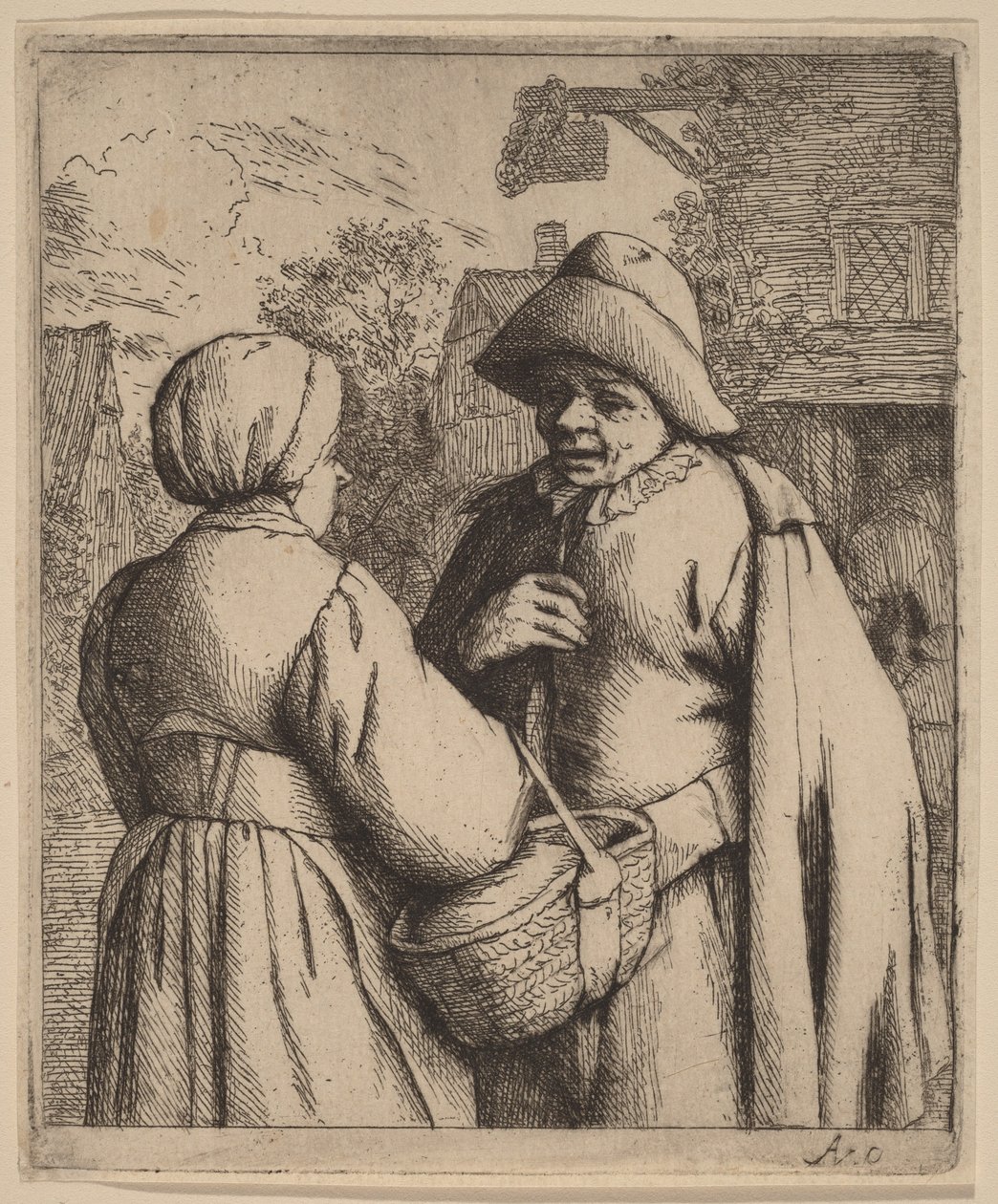 Hombre y mujer conversando delante de una posada de Adriaen van Ostade