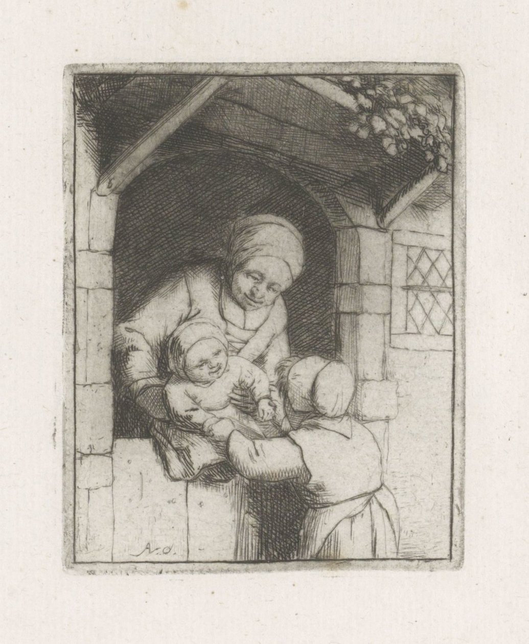 Madre con dos hijos en un portal de Adriaen van Ostade