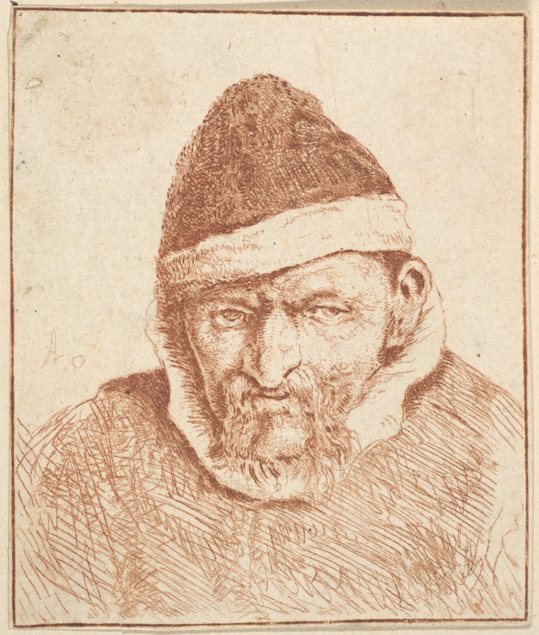 Anciano con cuello blanco y sombrero puntiagudo de Adriaen van Ostade