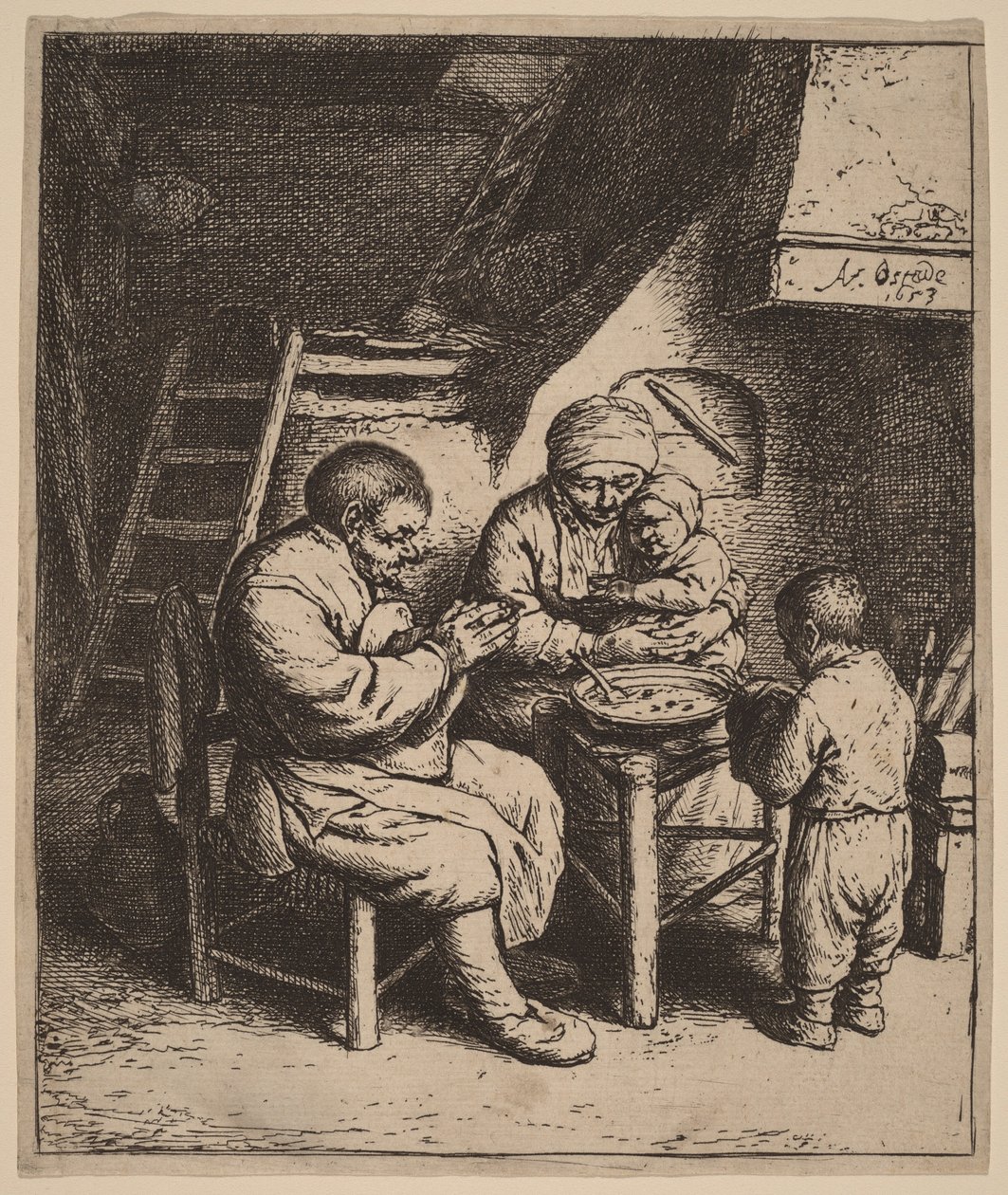 Familia campesina rezando antes de la comida de Adriaen van Ostade