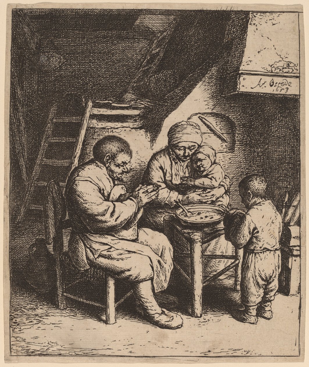Familia campesina dando gracias de Adriaen van Ostade
