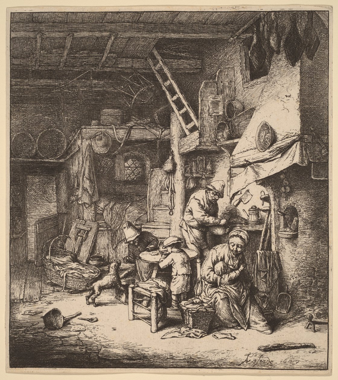 Familia campesina en un interior con la madre alimentando a un niño de Adriaen van Ostade