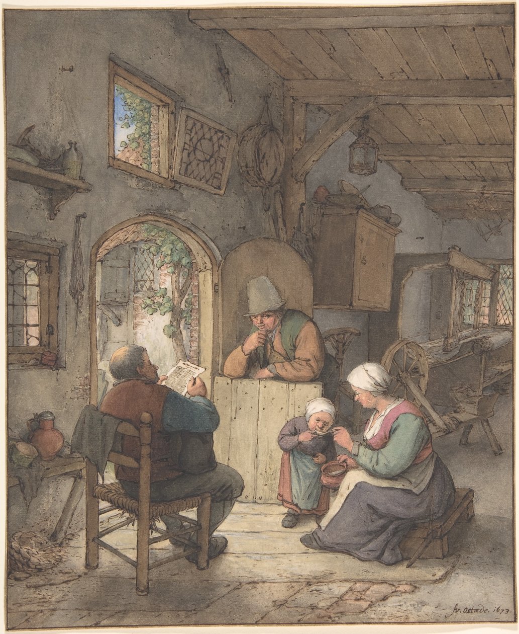 Leyendo las noticias en la cabaña de los tejedores de Adriaen van Ostade