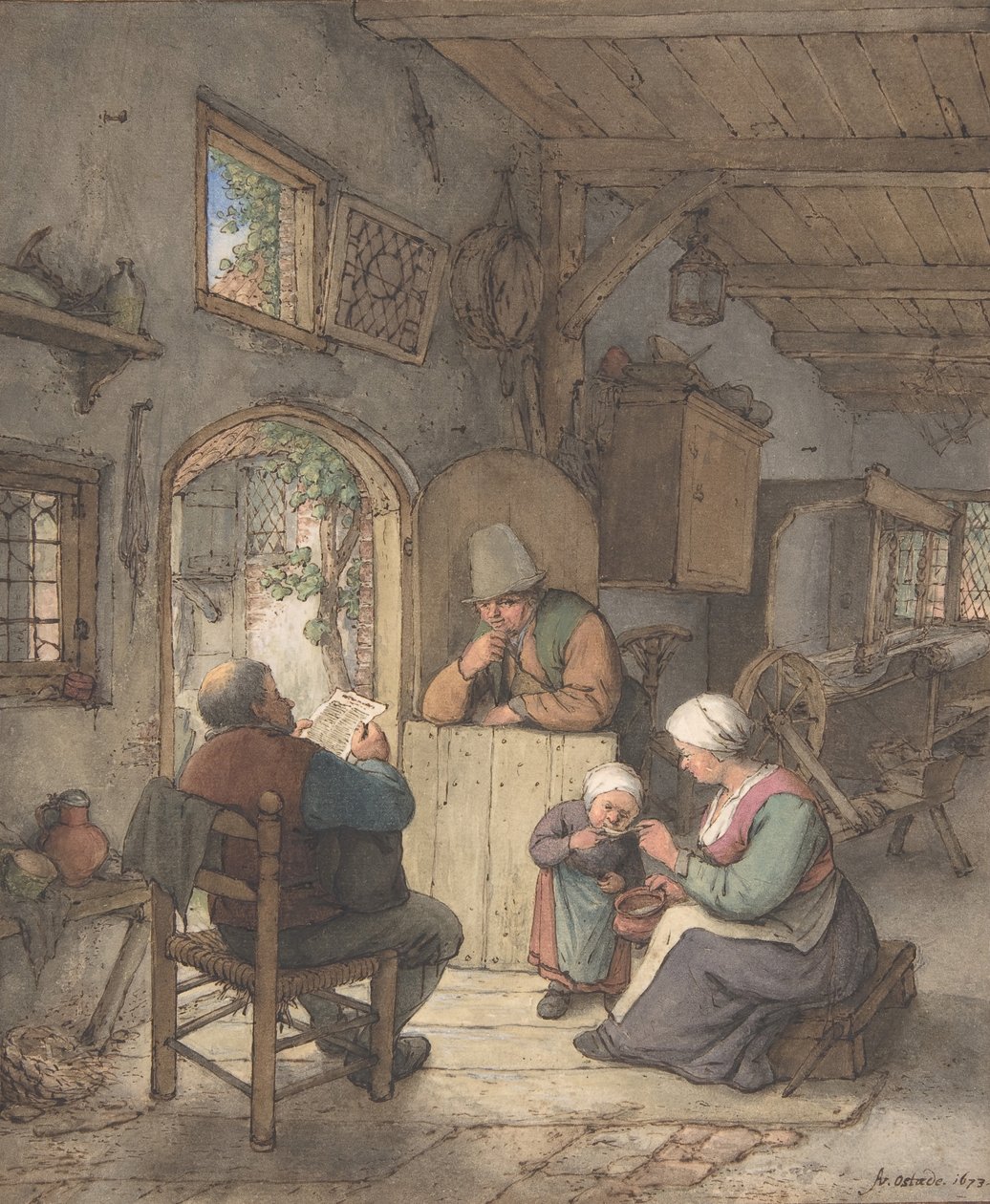 Leyendo las noticias en la cabaña de los tejedores, 1673 de Adriaen van Ostade