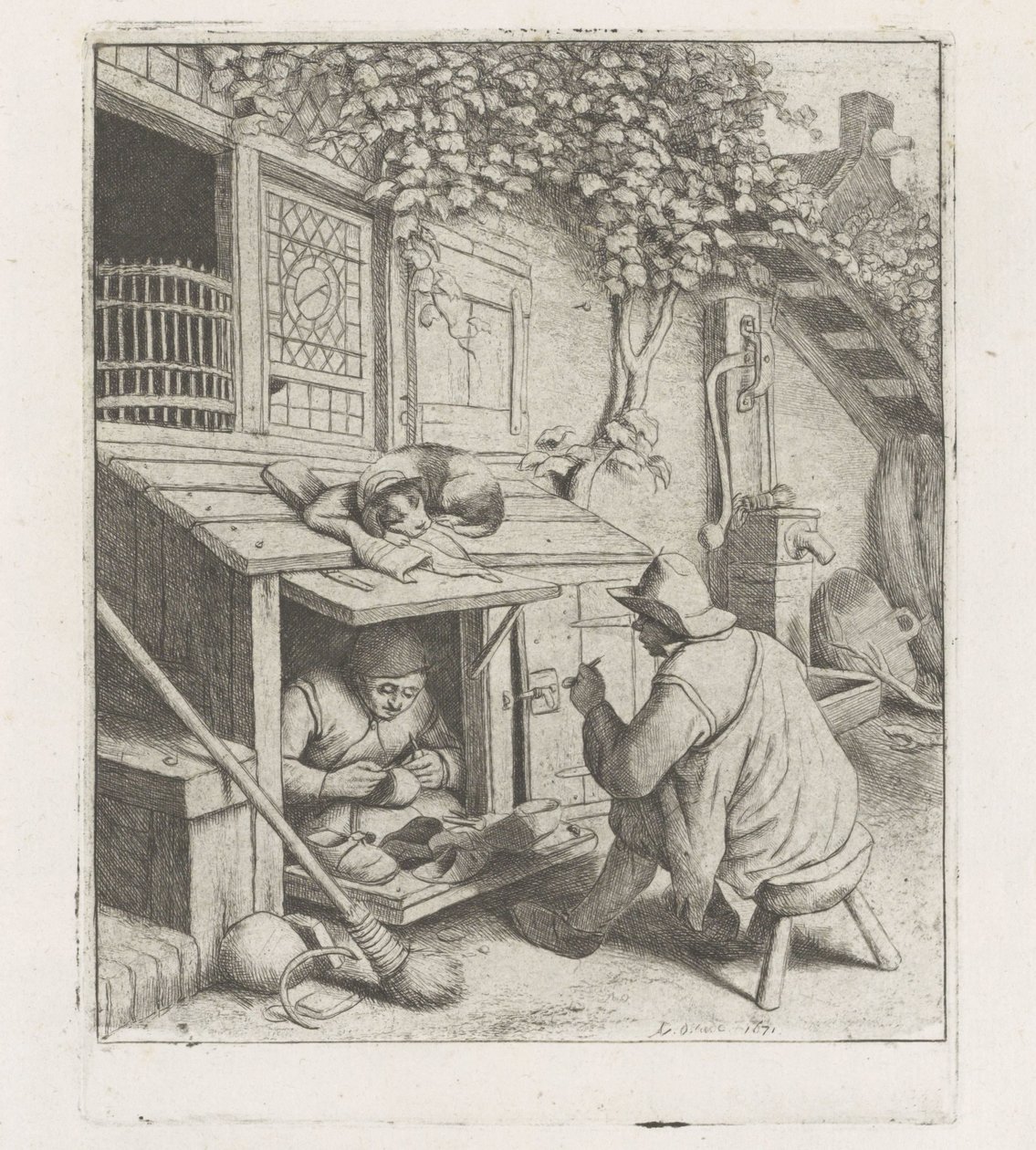 Zapatero en un taller frente a su casa de Adriaen van Ostade