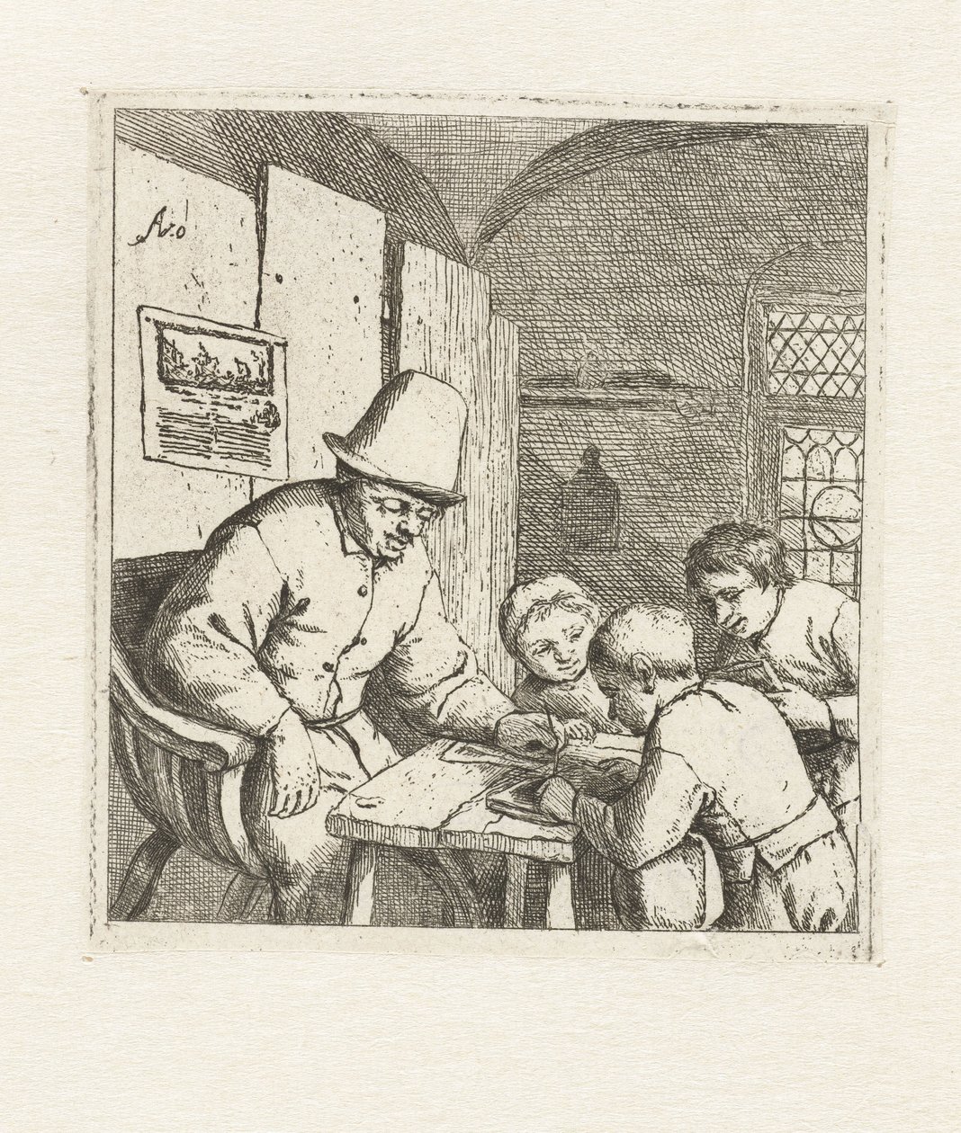 Maestro de escuela con tres alumnos en la mesa La escuela de Adriaen van Ostade