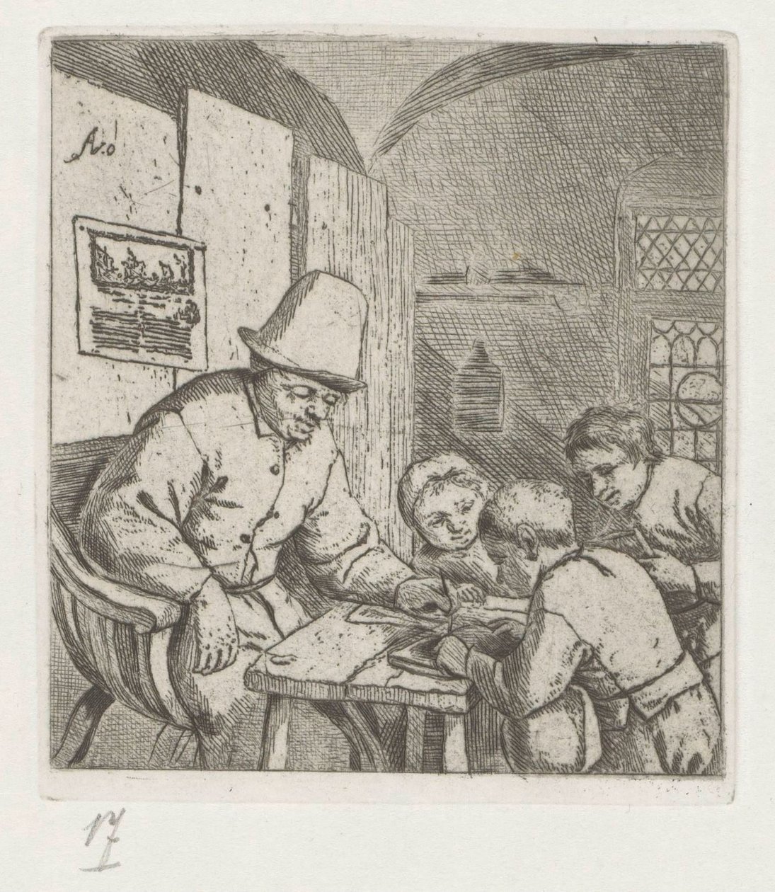 Maestro de escuela con tres alumnos en la mesa de Adriaen van Ostade