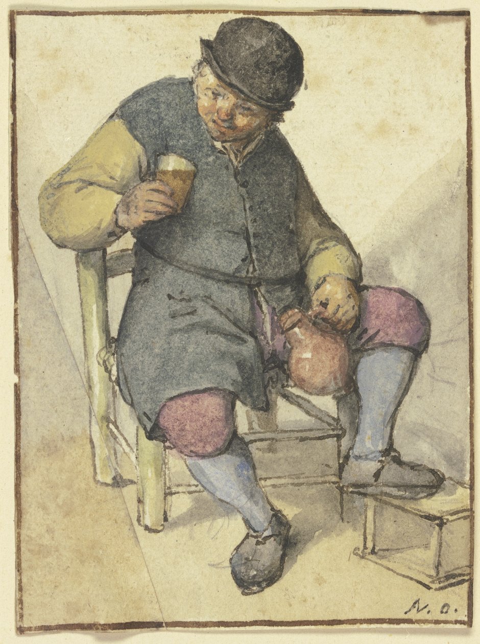 Un campesino sentado, visto de frente, con una jarra y un vaso de Adriaen van Ostade